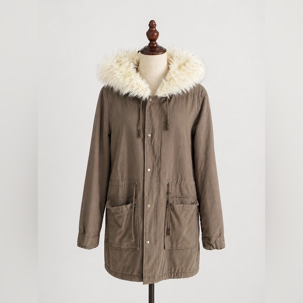 Forever 21 Faux Fur Hooded Parka Jacket Taupe Brown Size Large Winter Coat